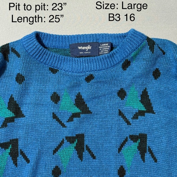 Vintage 80's Wrangler Blue Geometric Pattern Crewneck Sweater‎ Large - Picture 3 of 4